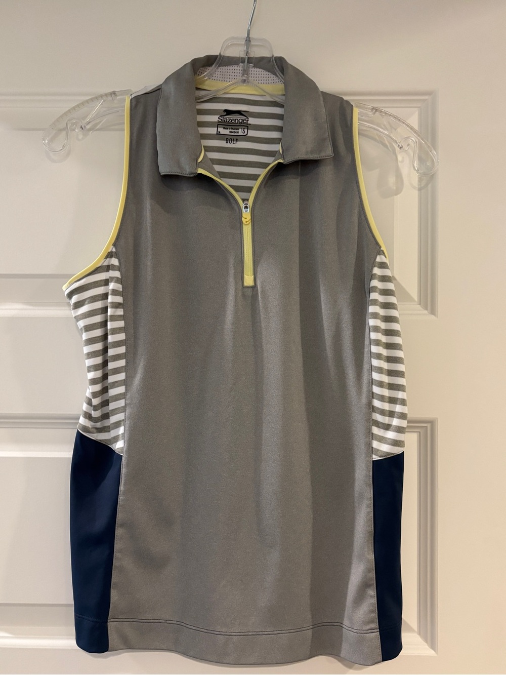 Slazenger Navy and Gray Sleeveless Golf Polo with Yellow Accent